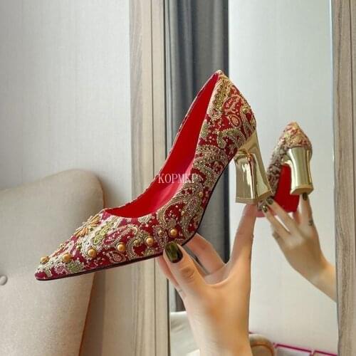 Embroidery 2021 Summer Elegant Women 5/7CM High Heels Pumps Wedding Shoes Designer Shallow Heels Kopmkp Rhinestone Party Shoes