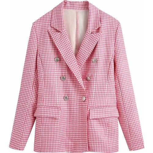 Za Women 2021 Fashion With Double-breasted Blazers Coat Vintage Long Sleeve Plaid Printed Suit Female Outerwear Chic Tops