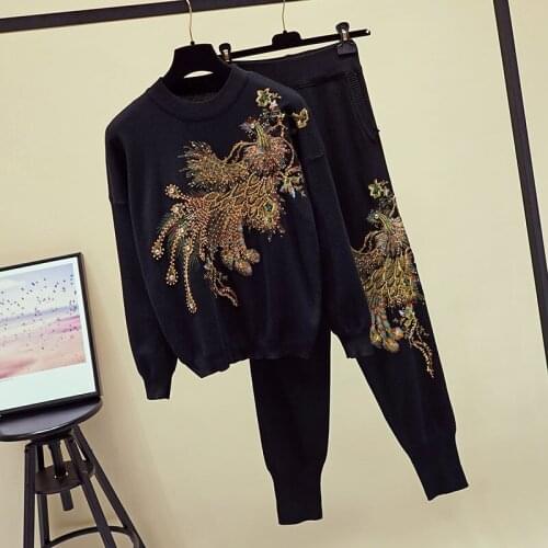 Black Manual Heavy work Diamond Beaded Sequin Peacock Tracksuit Outfits Women Knitted Tops+Pencil Pants Casual Knitted 2pc Sets