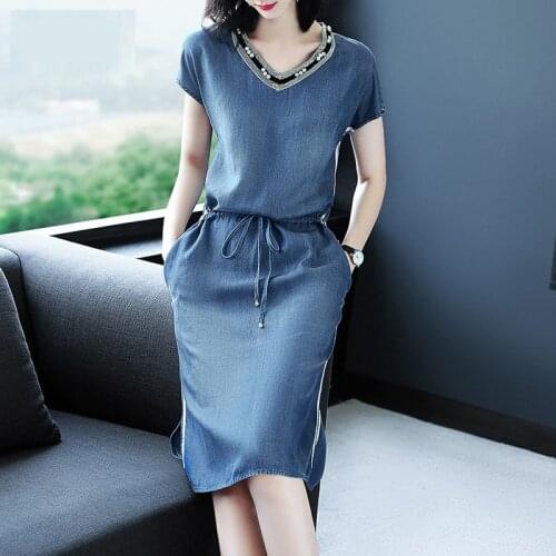 Denim Strap Dress Female Adjustable Waist 2021 Summer Fashion V-neck Short Sleeve Dress With Pocket Loose Casual Ladies Jeans