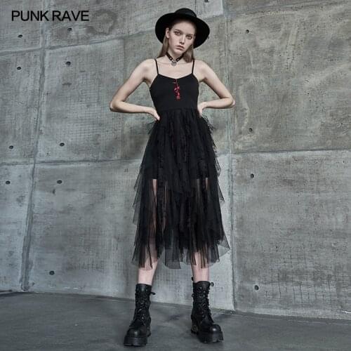 PUNK RAVE Womens Bramble Roses Embroidered Lace Braces Dress Gothic Daily Slim Sexy Sleeveless Wear Steap Club Dress Summer