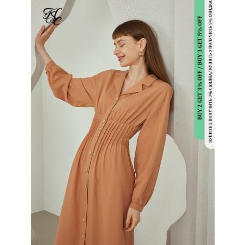 FANSILANEN Office Lady Early Autumn 2021 Woman Dress Long Sleeve Vintage Dress Ruched Dress Solid Color Pleated Long Skirt