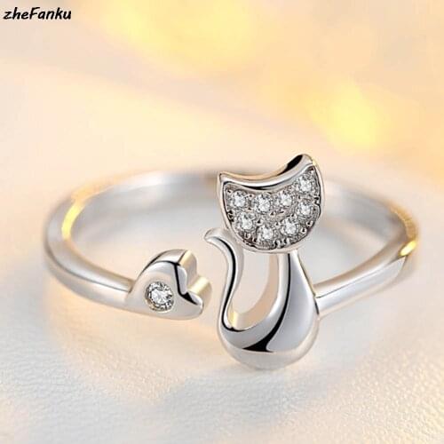 2021 Trend New Silver Color Jewelry Female Cute Little Cat Shaped Opening Ring For Woman Wholesale Dropshipping