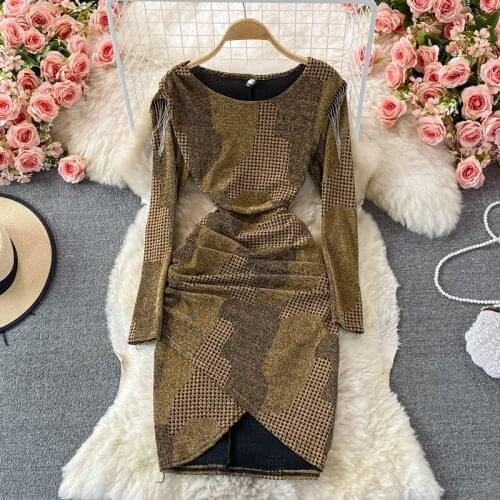 Long Sleeve Dress for Women Autumn 2021 Fashion O-neck Tassels Mini Party Dress Vestidos Slim High Waist Irregular Club Dresses