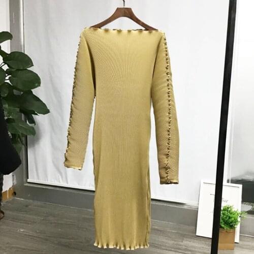 2021 New Fashion Ruffled Slotted Collar Long Sleeve Elastic Women Dress Pleated Frilled Edges Fashion New Lady Midi Dress