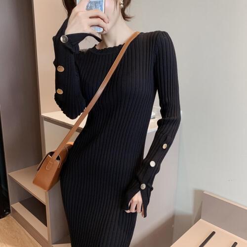MUMUZI Crewneck Long Women Dress 2019 Autumn Winter Warm Dress Buttons Sleeve Knitted Pullover Sweater Dresses Pull Femme
