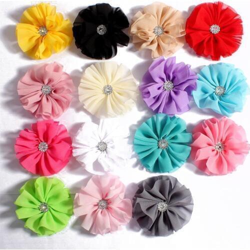 120pcs/lot 6.5cm 15colors Newborn Chic Chiffon Flowers With Rhinestone Center Soft Ballerina Fabric Flowers For Kids Headbands