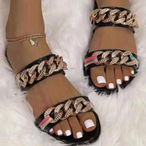 2021 Womens Chain Slippers Ladies Fashion PU Leather Female Flats Slides New Casual Outdoor Plus Size sandals Women Shoes