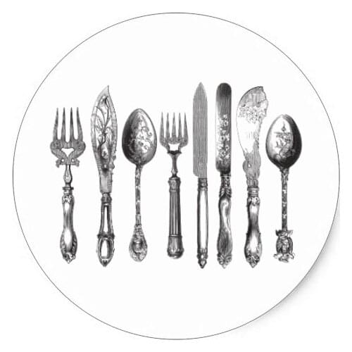 3.8cm Vintage Cutlery Black White Fork Spoon Knife 1800s Classic Round Sticker