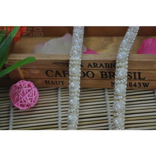 3 Yards Vintage Handmade DIY Clothes Decoration Gold Edge Small White Bead Beading Lace Fabric Trim