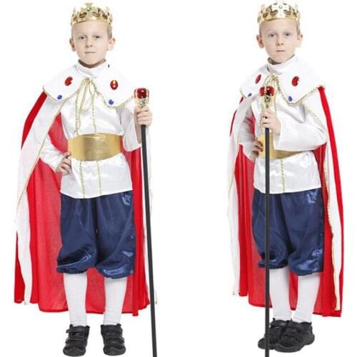 Kids Boys Halloween Cosplay Dress Up Medieval King Costume Prince Cloak Crown Scepter Set Carnival Roleplay Party Outfit