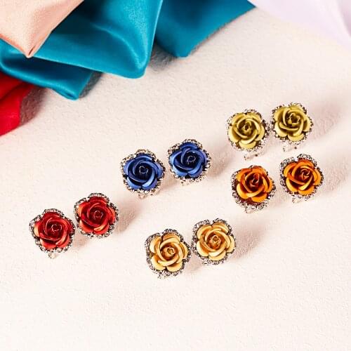 Elegant Inlaid Rhinestone Rose Stud Earrings for Women Romantic Colorful Flowers Ear Stud Ear Clip Bride Party Wedding Jewelry