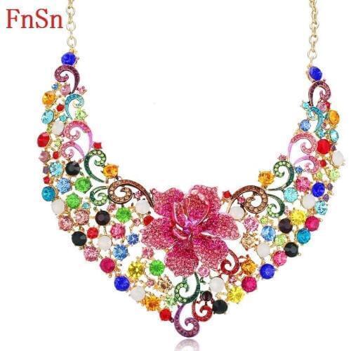 FnSn New Hot Crystal Plant Chokers Statement Necklace Jewelry Women Gold Color Rhinestones Flower Collar Turkish Jewelry N172