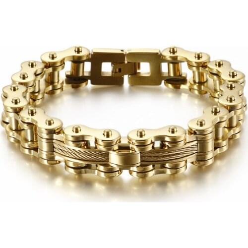 Fashion Bulgaria Gold Bike Chain Bracelet Men Biker 22cm Stainless Steel Black Cable Wire Charm Armband Masculine Jewelry