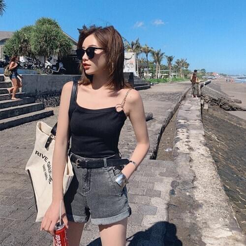 Fashion Metal Spaghetti Strap Off Shoulder Tops Women Casual Solid Backless Knitted Camisoles