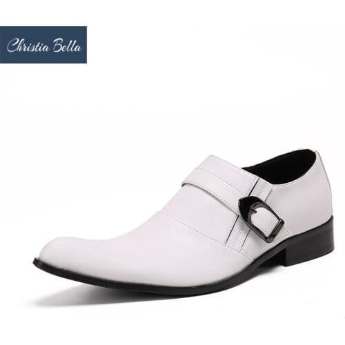 Christia Bella Fashion Men Party Dress Shoes Pointed Toe Wedding Leather Shoes White Business Brogue Shoes Male Buckle Oxfords