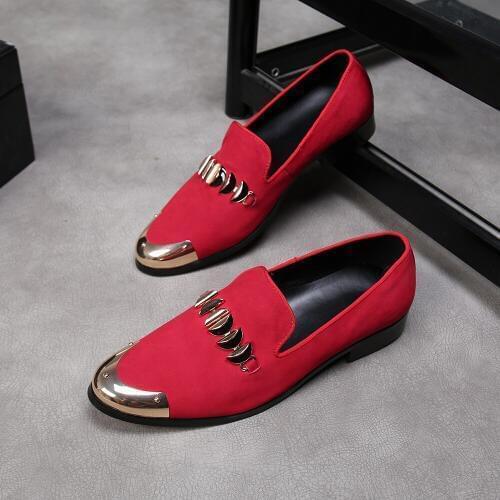 Luxury Red Cow Suede Mens Platform Shoes Loafers Slip on Creeping Runway Mens Shoes Casual Metal Round Toe Men Loafers For Men