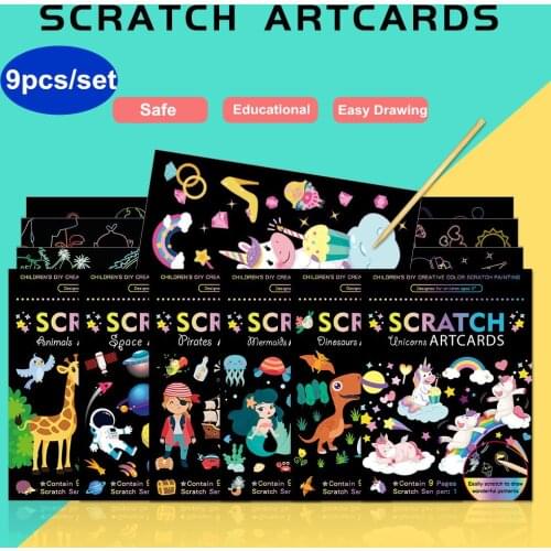 Childrens Educational Toys Cartoon Mermaid Unicorn Dinosaur Art Supplies for Kids Kindergarten DIY Drawing Scratch Painting Set