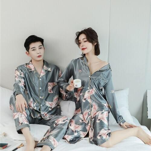 Lovers Nightwear Shirt Pants Sleep Pajamas Sets Long Sleeve Sleepwear Spring Autumn New Silky Nightgown Robe Clothes M-4XL