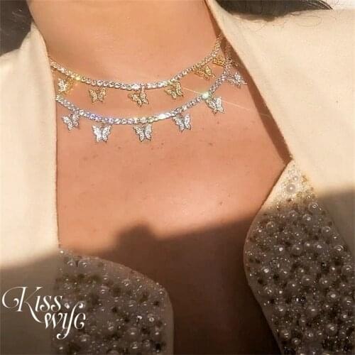 KISSWIFE Shiny Pink Crystal Butterfly Pendant Necklace For Women Fashion Gold Silver Color Rhinestone Choker Party Jewelry Gift