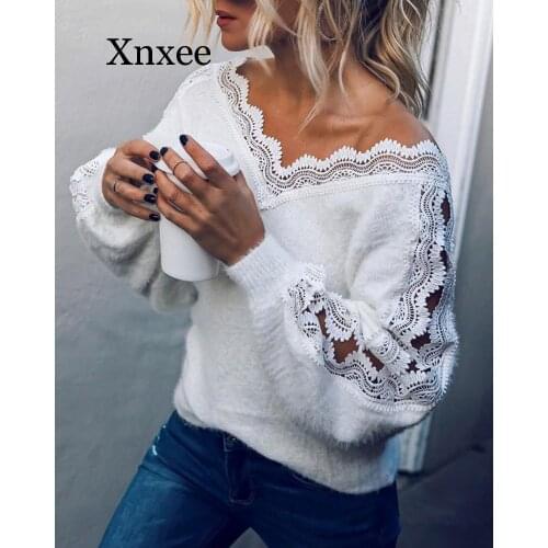 Sexy V Neck Lace Hollow Knit Sweater Autumn Winter Long Sleeve Pullover Tops Elegant Women White Jumper Pull Femme Lace White