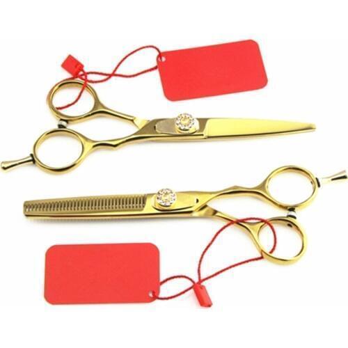 Upscale Germany 440c 6 / 5.5 inch gold cut hair scissors set barber cutting make up tools thinning shears hairdressing scissors
