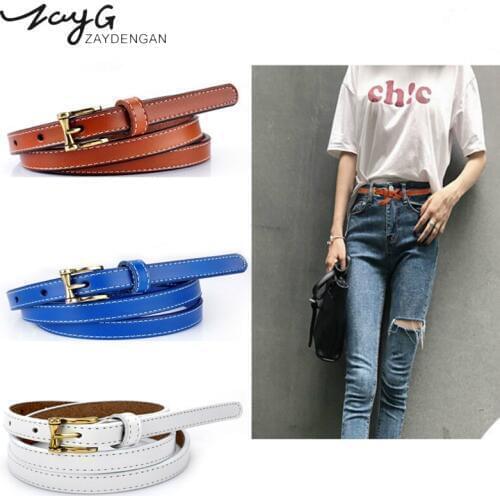 ZAYG Retro leather thin belts for women decoration bronze pin buckle fashion with dress/cowboy/belt luxury women designer belt