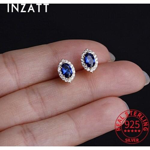 INZATT Real 925 Sterling Silver Blue Oval Crystal Zircon Stud Earrings For Fashion Women Party Cute Fine Jewelry Accessories