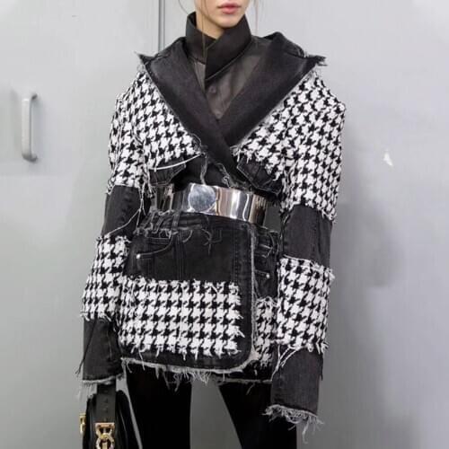 Women Plaid Denim Blazer Autumn Winter Thick High Street Jeans Blazer Coat