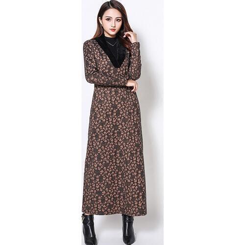 Autumn Winter New Large Size Women Long Dress Retro Print Long Sleeve Plus Velvet Loose Fur Collar Female Dress Keep Warm
