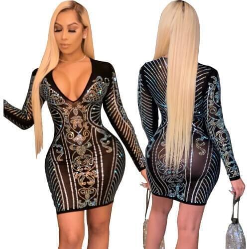 Mesh Sexy V-neck Short Dress Women Long Sleeve Bodycon with Glitter Acrylic Perspective Night Club Party Female Fashion Clothing