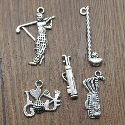 10pcs Golf Charms I Love Golf Pendants Jewelry Making Golf Clubs Charms For Bracelet Making Antique Silver Color