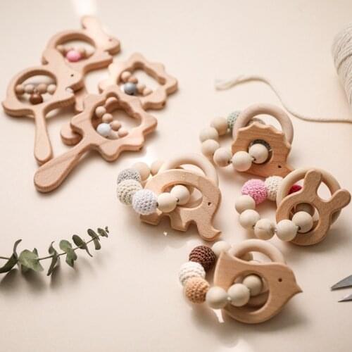 2Pcs Baby Wooden Teether Toys Animals Musical Rattles Bracelet Personalize Chewable Rodent Beading BPA Free For Newborn Gifts