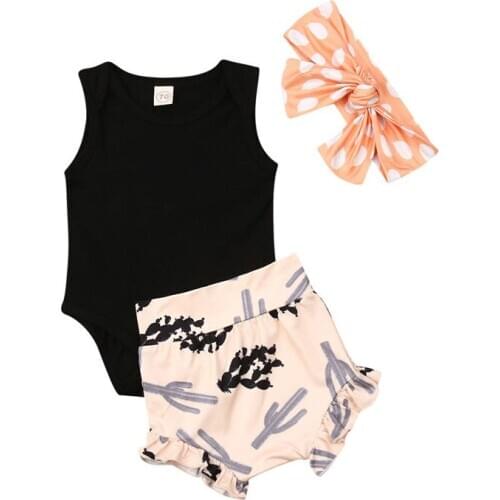 Toddler Kid Baby Girls Clothes Set Newborn Outfits Infant Clothing Sleeveless Bodysuit+Shorts+Headband Children Suit 3pcs