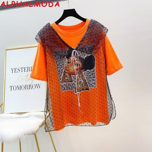 ALPHALMODA 2020 Summer Fashion Tshirt + Gauze Outfit 2pcs Set Ladies Casual Pullovers Stylish Tee Tops Clothing Set
