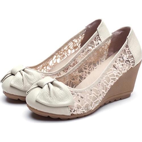 Openwork Mesh Lace Wedges Womens Shallow Mouth Soft Bottom Work High-heeled Round Head Leather Breathable Bow Single Shoes