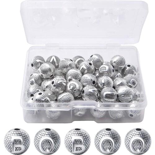 50pcs 8mm Antique Silver Round Spacer Beads Tibetan Beads Charms Alloy Ball Beads Spacer Beads with Letter for Jewelry Making