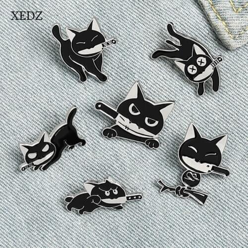 XEDZ Black killer cat enamel brooch fashion cartoon brutal animal biting a dagger badge jewelry friends gifts