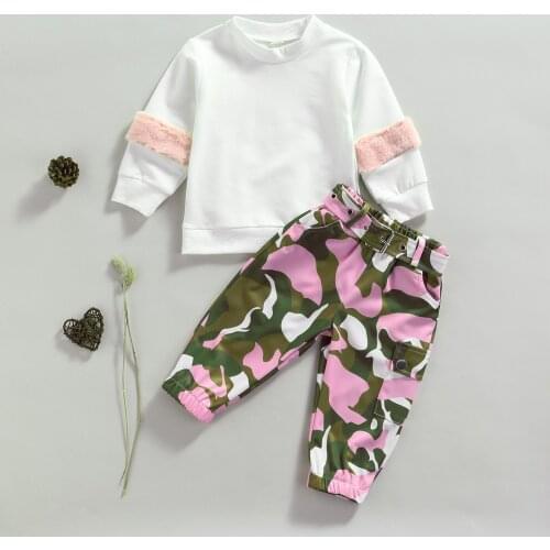 Baby Long Sleeves Tops+Trousers Set Round Neck Plush Patchwork Sweatshirt Camouflage Printing Classic Elastic Waist Pants Outfit