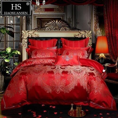 4/6/9 Piece Bedding Sets Luxury Red Classic Paisley Jacquard Wedding Cotton Double Duvet Cover Set Cushion Cover Bedspread Sheet