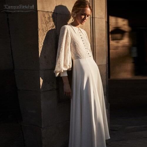 Lantern Sleeve Lace Wedding Dresses Backless Tea Length Vintage Bridal Gowns France Elegant Vestido De Noivas DW462