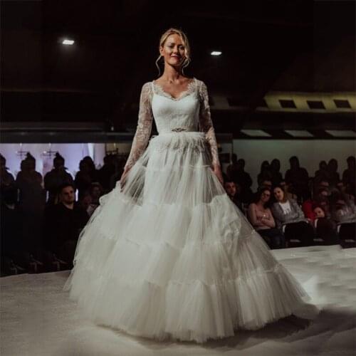 Illusion Long Sleeves Wedding Dress Lace A Line Tiered Tulle Country Bridal Dress with Feather 2021 V Neck Hippie Bohemia Boho