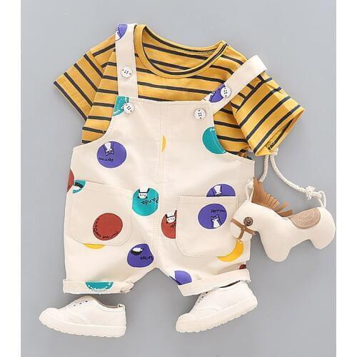Fashion Children Clothing Sets Kids Clothes Boys Cotton Short Sleeve Striped Letter T-shirt+Cartoon Dot Overalls Pants Boys Suit