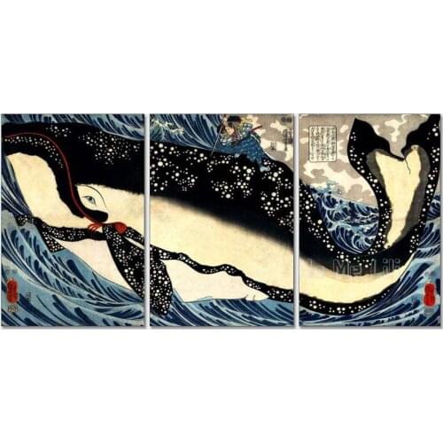 Set Of 3 Utagawa Kuniyoshi Musashi On The Whale Back Giclee Print Reproduction Painting Canvas Paper Wall Art Poster
