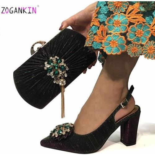 Latest Fashion African Women Matching African Sandals and Bag Set 2020 Special Spring Comfortable Heels with Crystal