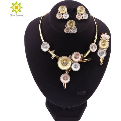 New Fashion Party Wedding Women Round Design Necklace Earrings Bracelet Ring Set Crystal Dubai Gold Jewelry Sets