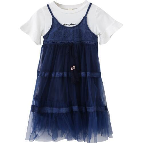 Lovely Girls short-sleeved gauze dress children Korean summer new baby fake two-piece strap princess dress