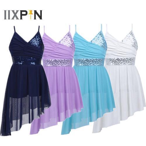 IIXPIN Girls Latin Dance Dress Gymnastics Leotard Kids Straps V-Neck Sequined Irregular Hem Latin Dance Costume Lyrical Dress
