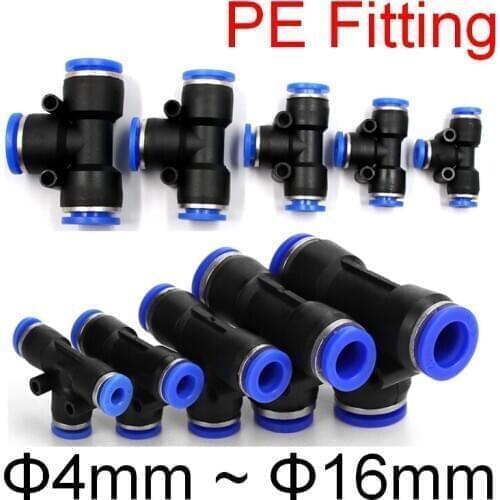 Air Pneumatic Fitting PE Tube OD 4mm 6mm 8mm 10mm 12mm 16mm T Type Tee 3 Way Ports Gas Pipe Hose Plastic Push In Quick Connector