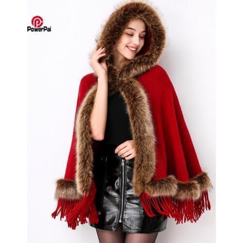 Fashion Faux Raccoon Fur Poncho Cape Hooded Coat Women Autumn Winter Knit Cashmere Cloak Shawl Tassels Pashmina retail wholesale